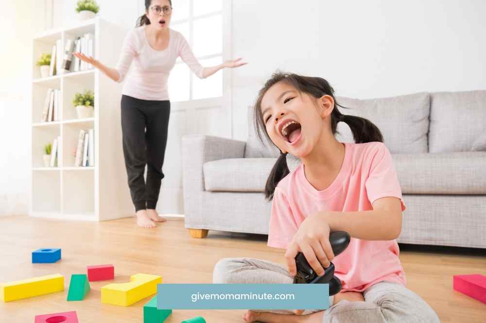 homeschooling mom frustrated with daughter sitting on the floor